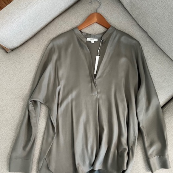 Vince Silk Band Collar long sleeve Blouse Brown Vneck Size Small - Picture 1 of 9